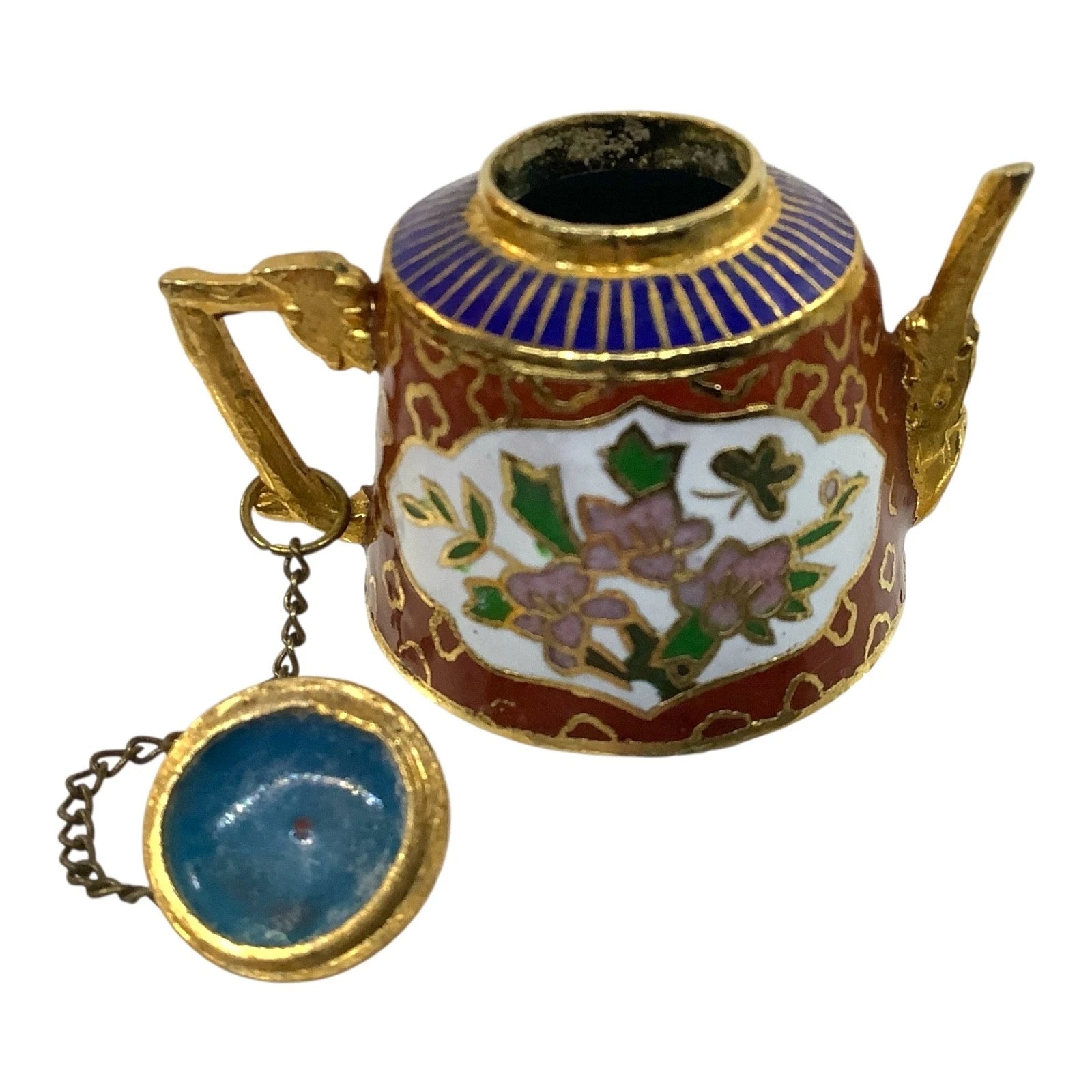 Vtg Cloisonné Miniature Chinese Teapot 6pc Set Brass Enamel Floral Inlay Unique