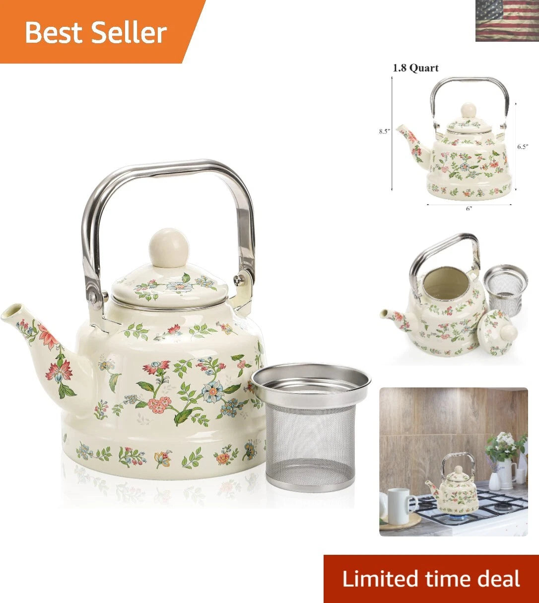 Vintage Floral Tea Kettle - 1.8 Quart Enamel Teapot with Removable Infuser
