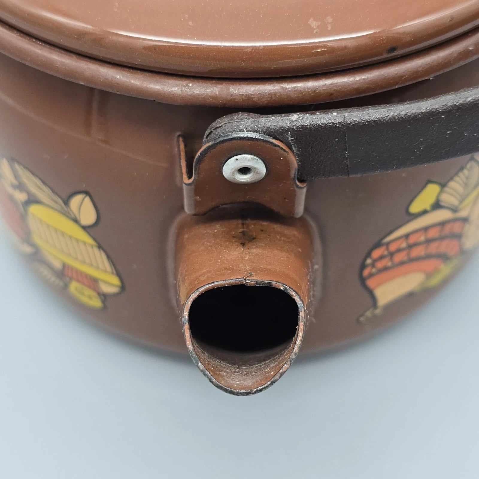 Vintage 70's Mushroom & Fruit Enamelware Brown Tea Kettle With Lid & Handle