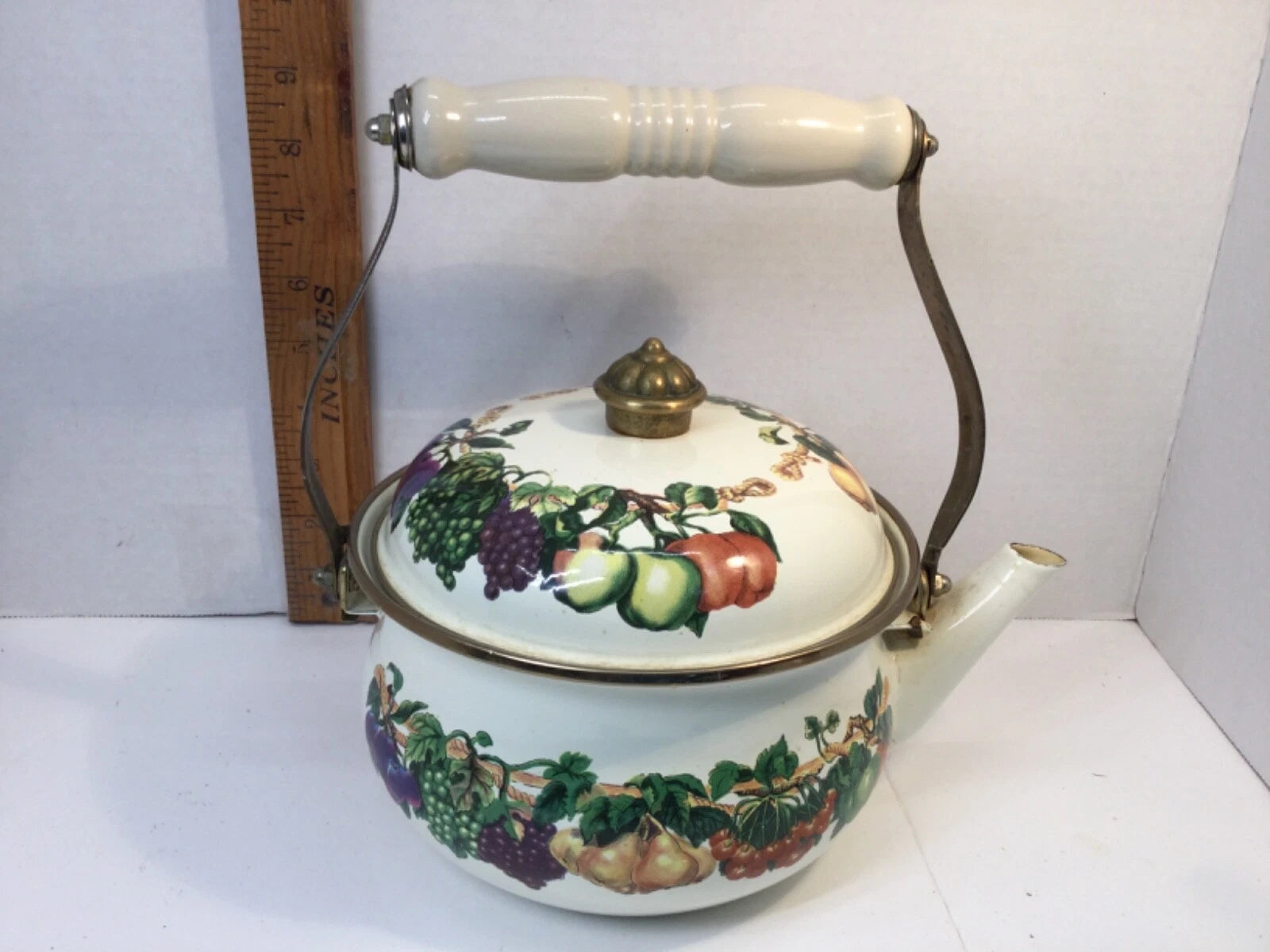 Tabletops Unlimited Enamel Vine Fruit Design Teapot Kettle Made in Thailand
