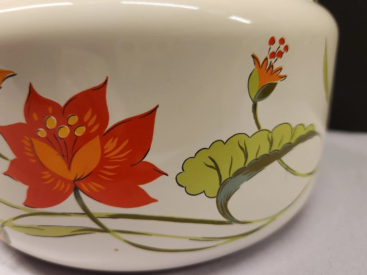Vintage Saltera Himark Enamel RARE Teapot MCM  Red Orange Floral Wooden Handle