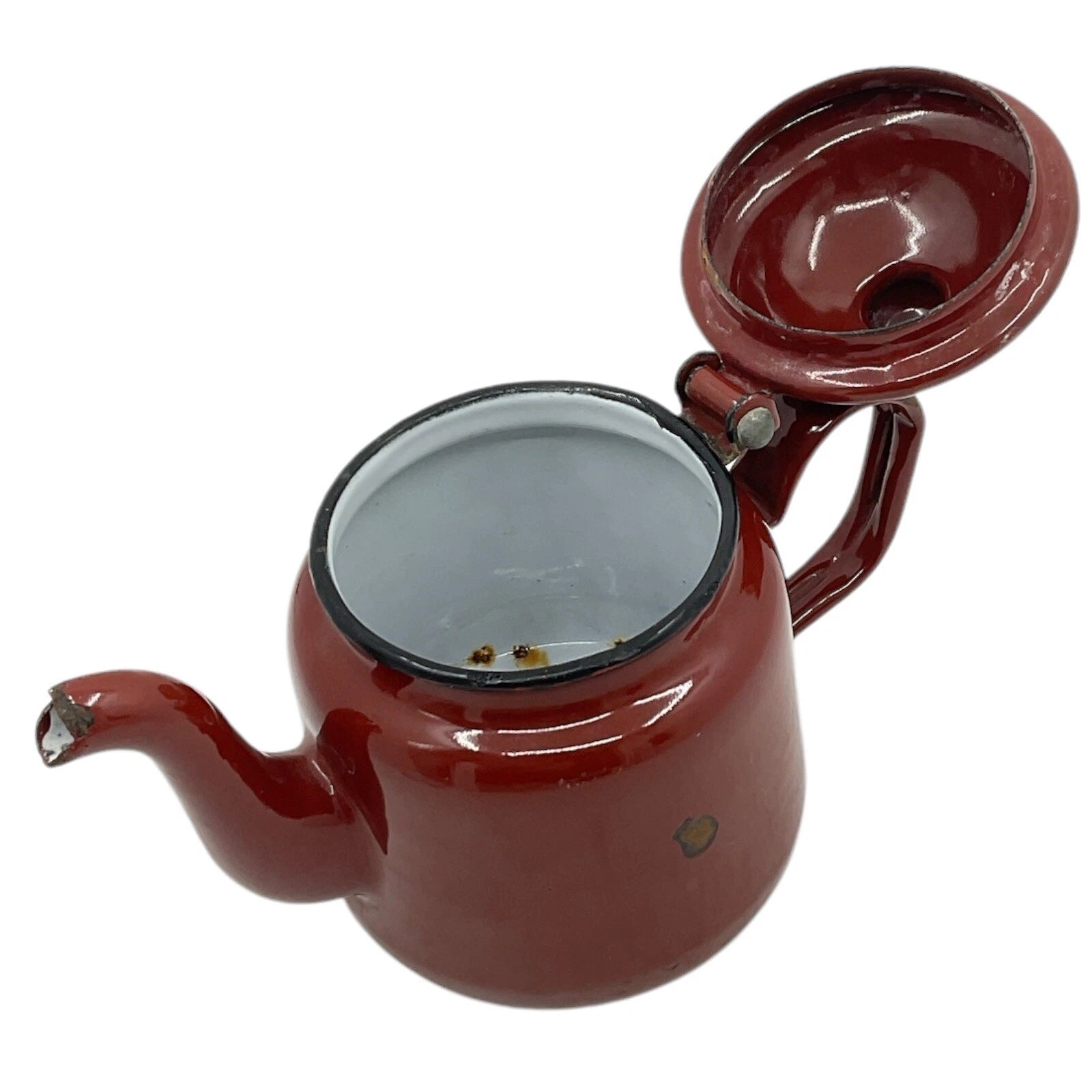 Brown Tea Pot With Hinged Lid Small Enamelware Vintage Farmhouse Decor