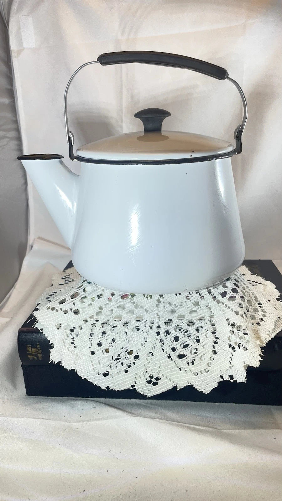 Vintage Black And White Enamelware Tea Kettle With Black Handle