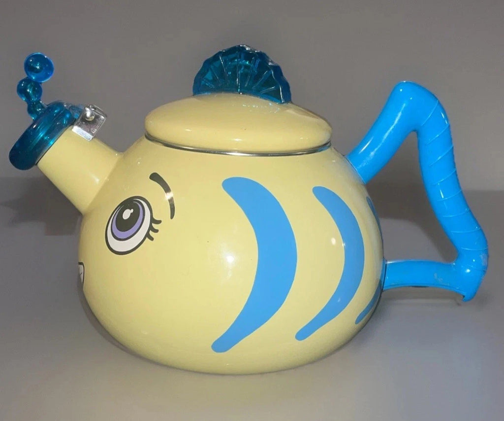 MM Kamenstein Corp. Whistling Tea Kettle Yellow Fish Teapot Enamel Kitschy READ