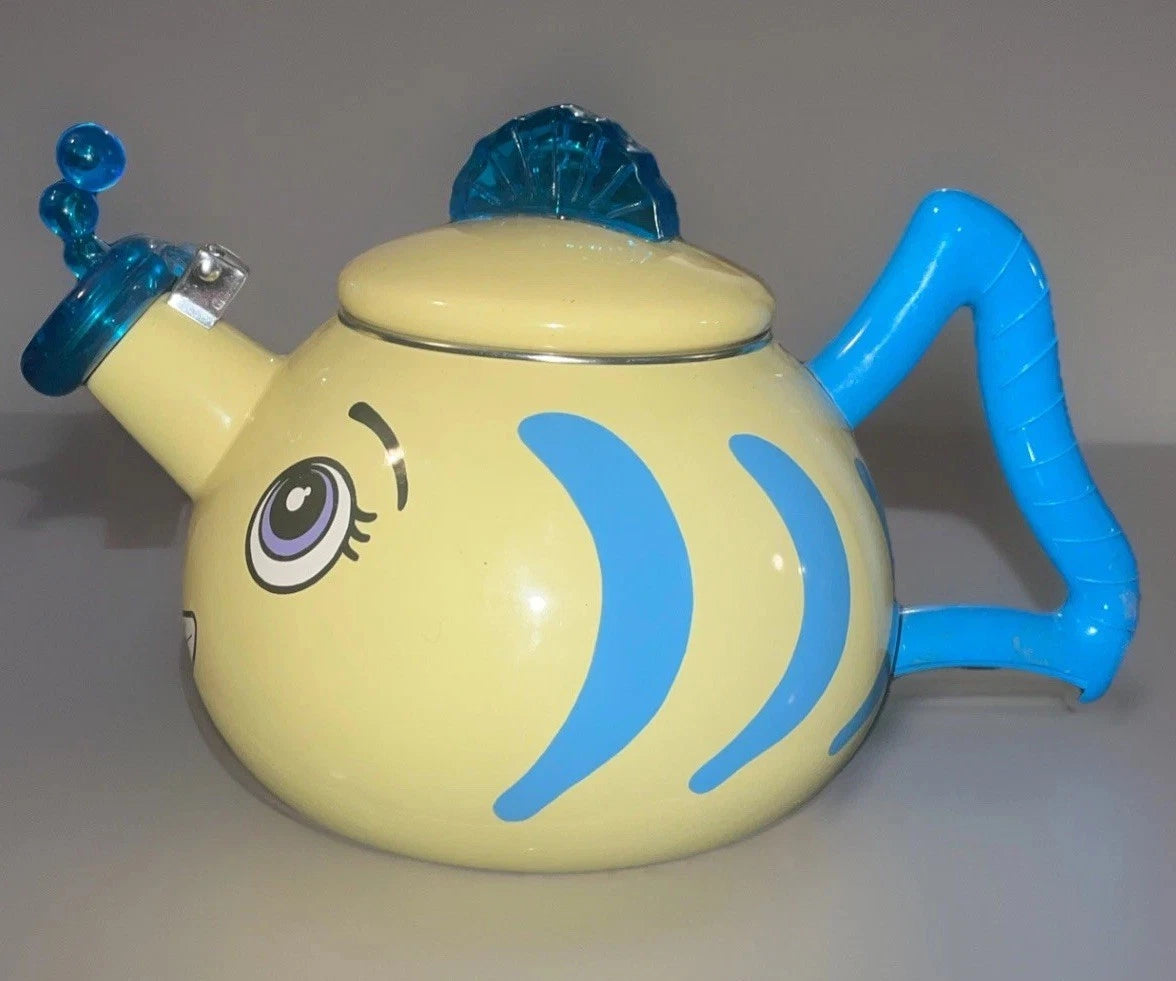 MM Kamenstein Corp. Whistling Tea Kettle Yellow Fish Teapot Enamel Kitschy READ