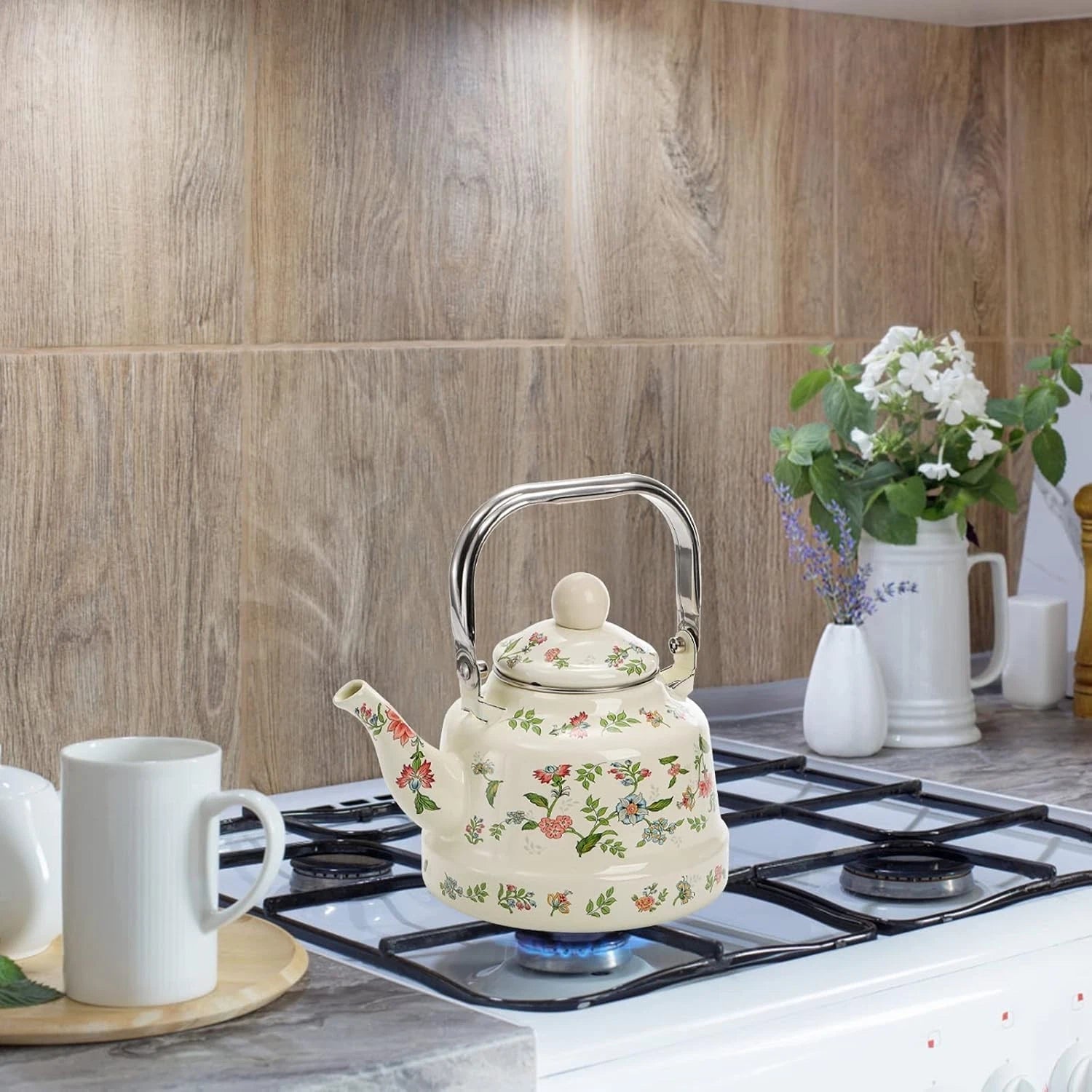 Elegant 1.8L Enamel Teapot - Retro Green Floral Design for Home and Camping