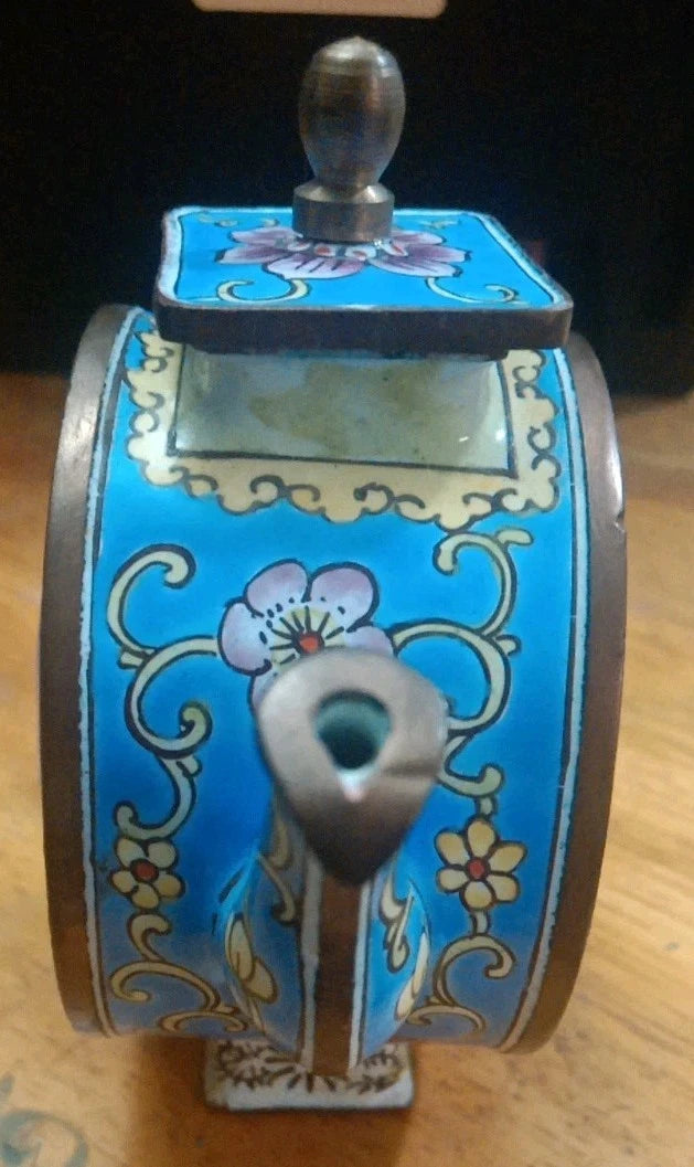 miniature cloisonne Copper Enamel teapot  Moon and Stars 3 1/2" H