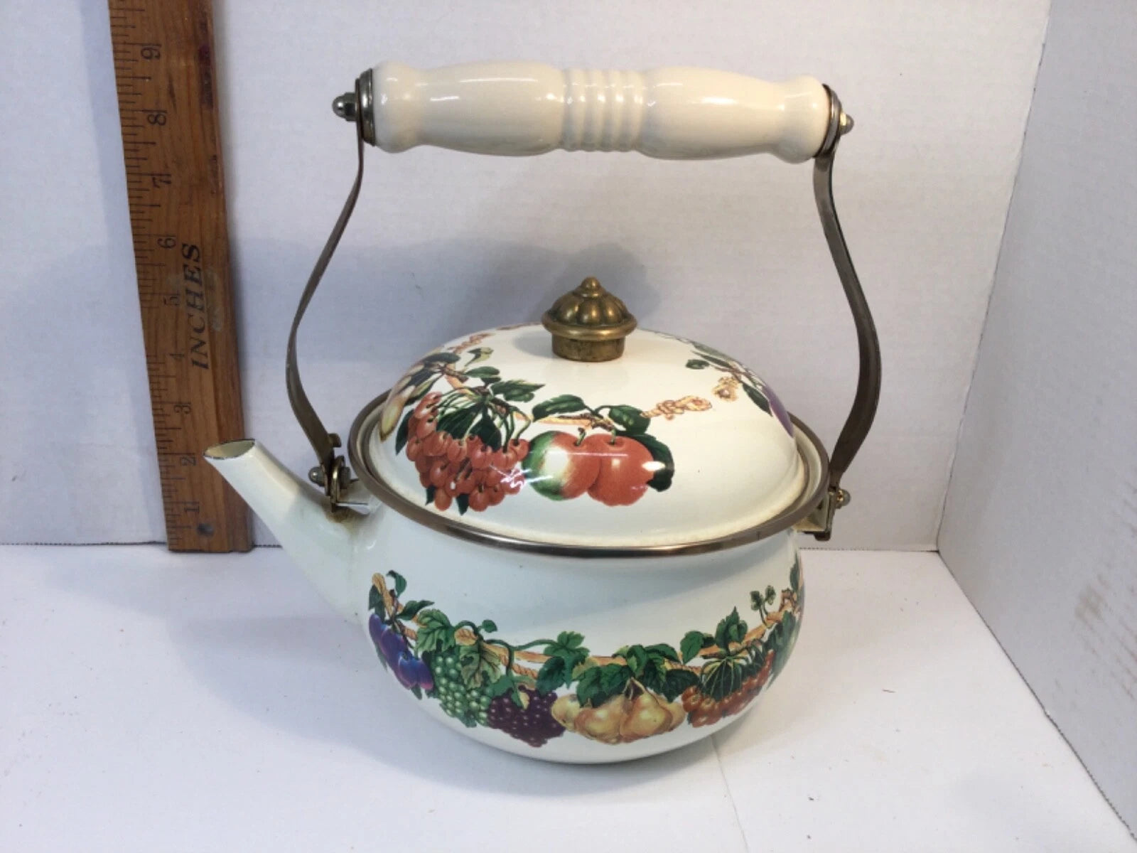 Tabletops Unlimited Enamel Vine Fruit Design Teapot Kettle Made in Thailand
