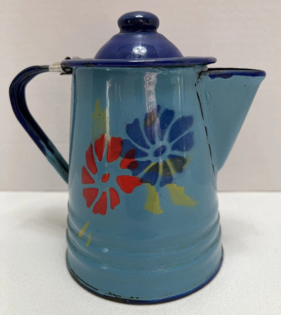 Vintage Enamel Toleware Metal Teapot w Lid Robin Egg Blue with Floral Design 6"