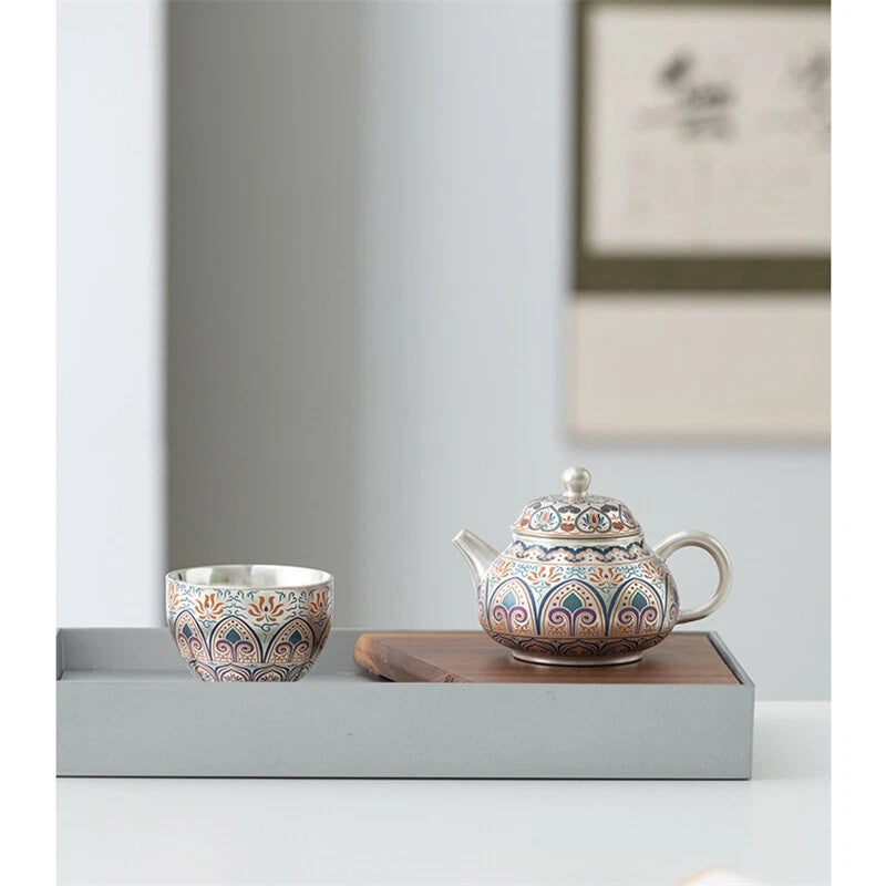 999 Silver Enamel Color Fengming Pot Ceramic Silver Teapot Kung Fu Tea Set Cups