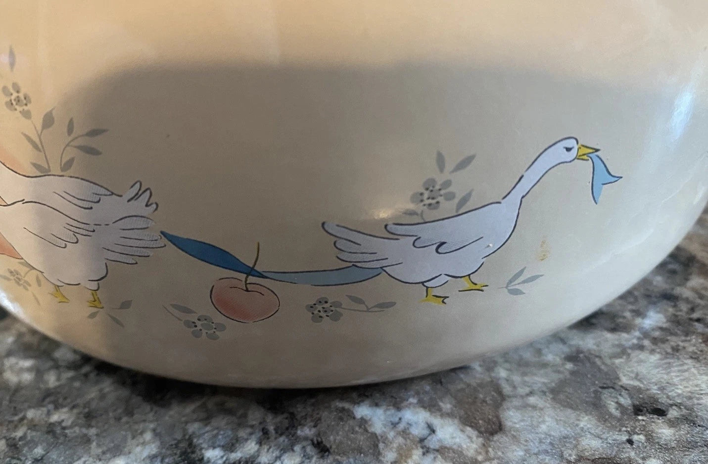 Vtg 80s International Marmalade Enamel Whistling Tea Kettle Country Goose