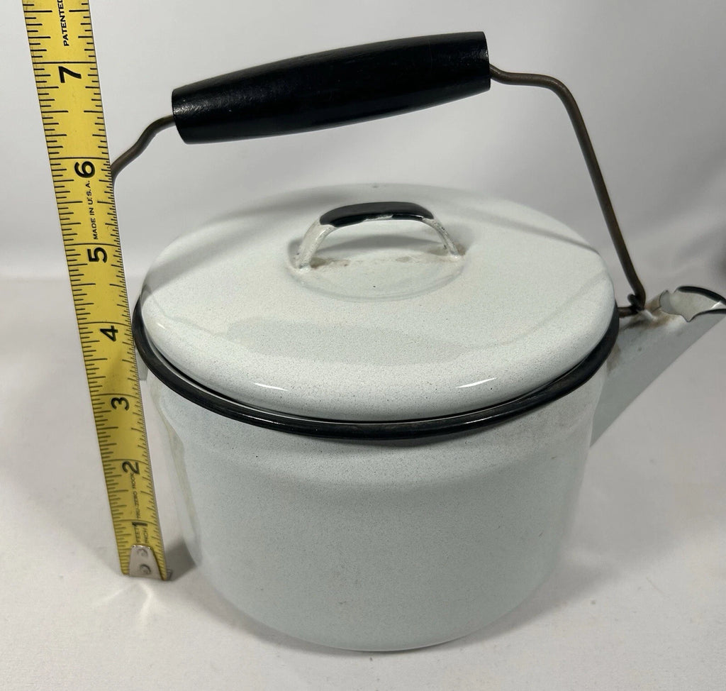 Vintage Enamelware Lidded TeaPot White w/ Black Trim, Wood Handle Farmhouse