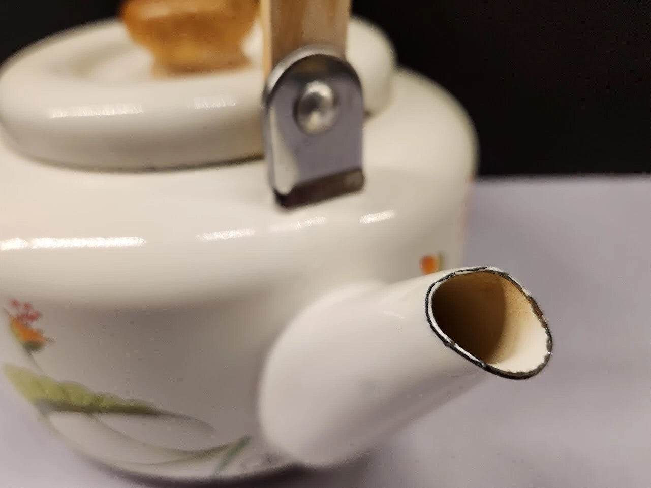 Vintage Saltera Himark Enamel RARE Teapot MCM  Red Orange Floral Wooden Handle