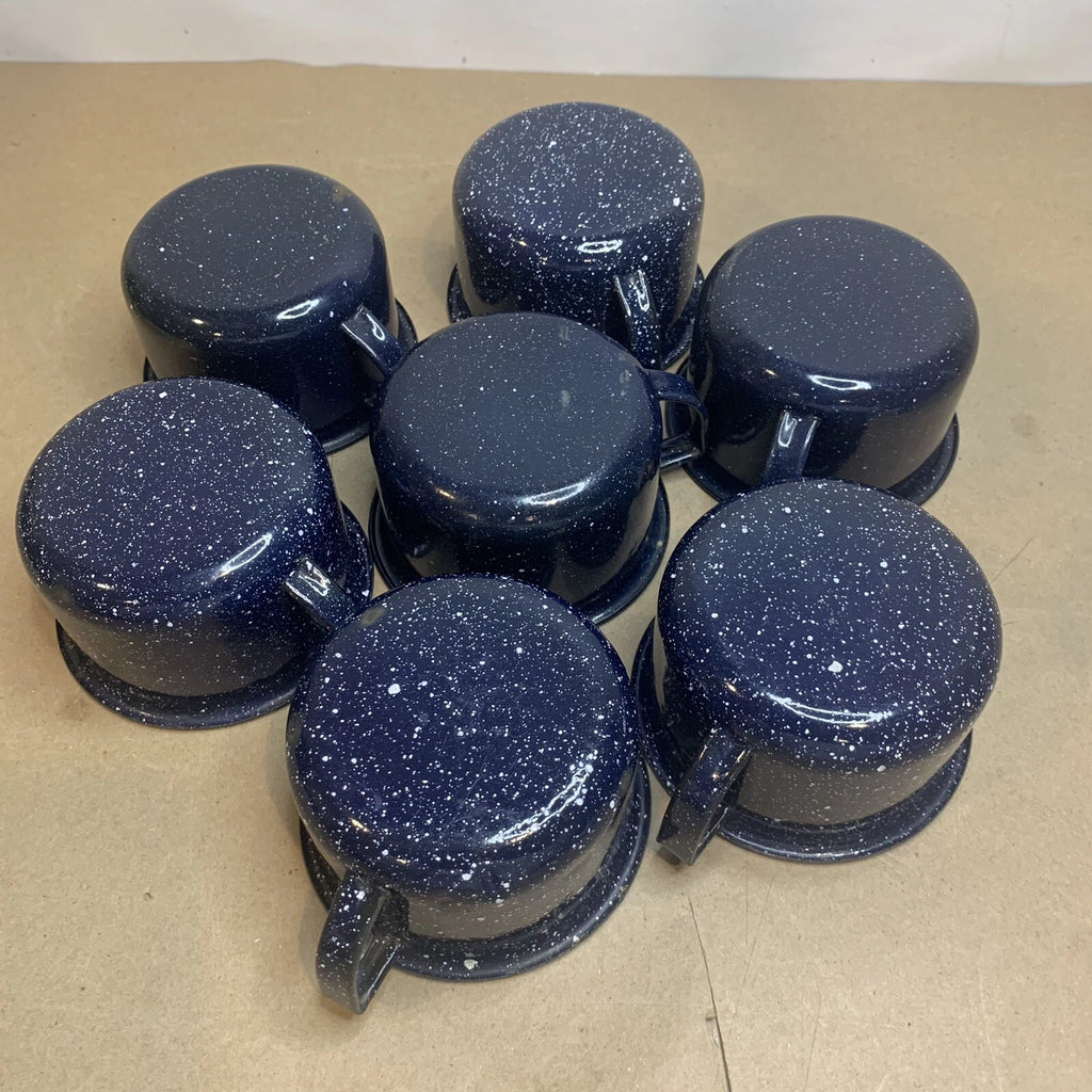 Vintage Enamelware Coffee Tea Pot Kettle & 7 Cups Blue & White Speckled