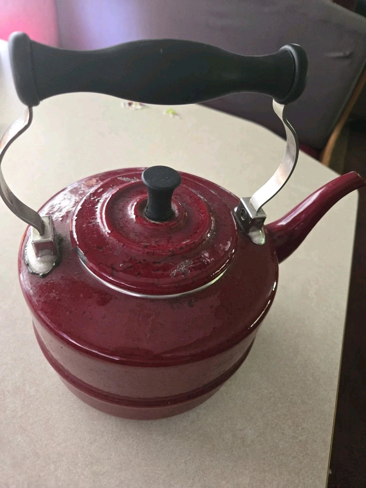 Paula Deen Speckled Tea Pot Burgundy Enamel Stove Top Tea Kettle