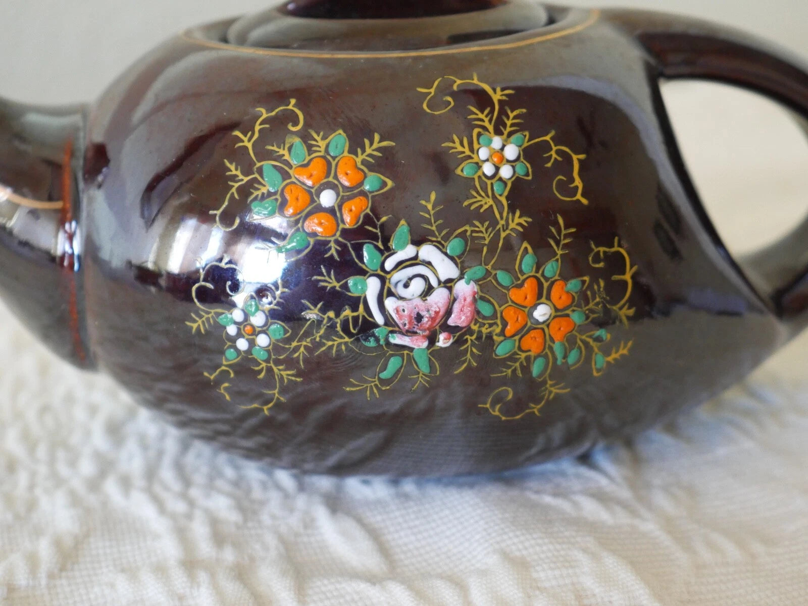 Small Long Redware Teapot Gold Trim Hand Painted Enamel Flowers Vintage Japan