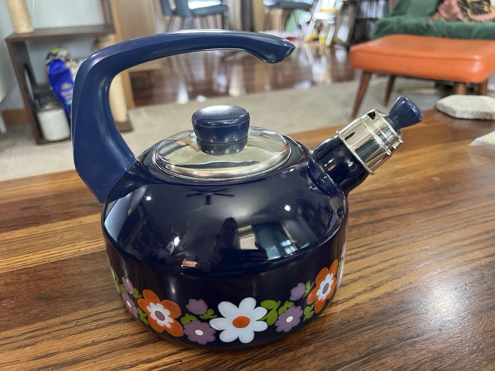 Vtg 1970s Floral MCM Enamel Whistling Tea Kettle
