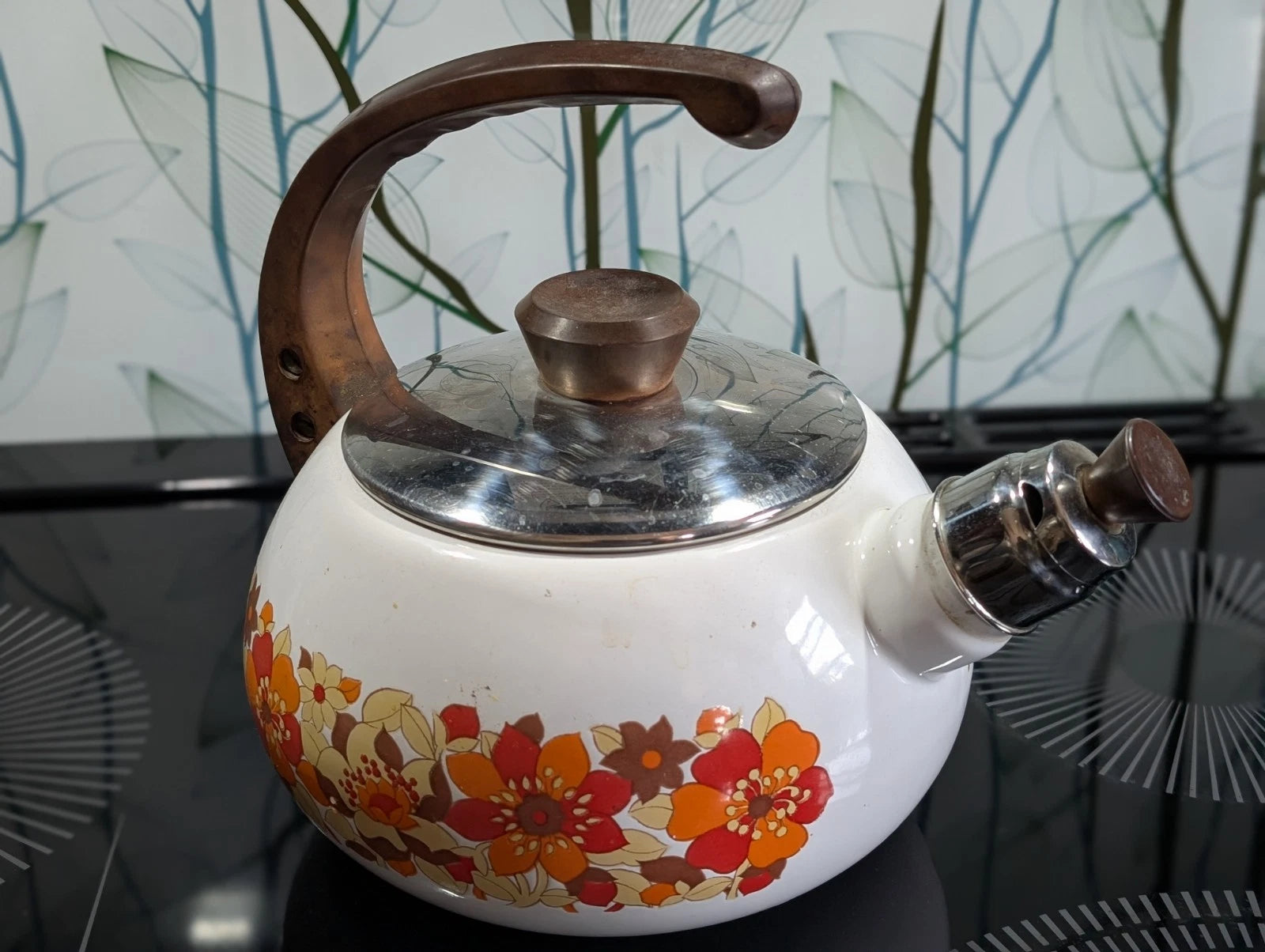 Vintage Bumper Harvest Enamelware Teapot Whistling Kettle Tea Pot Has Rust Spots