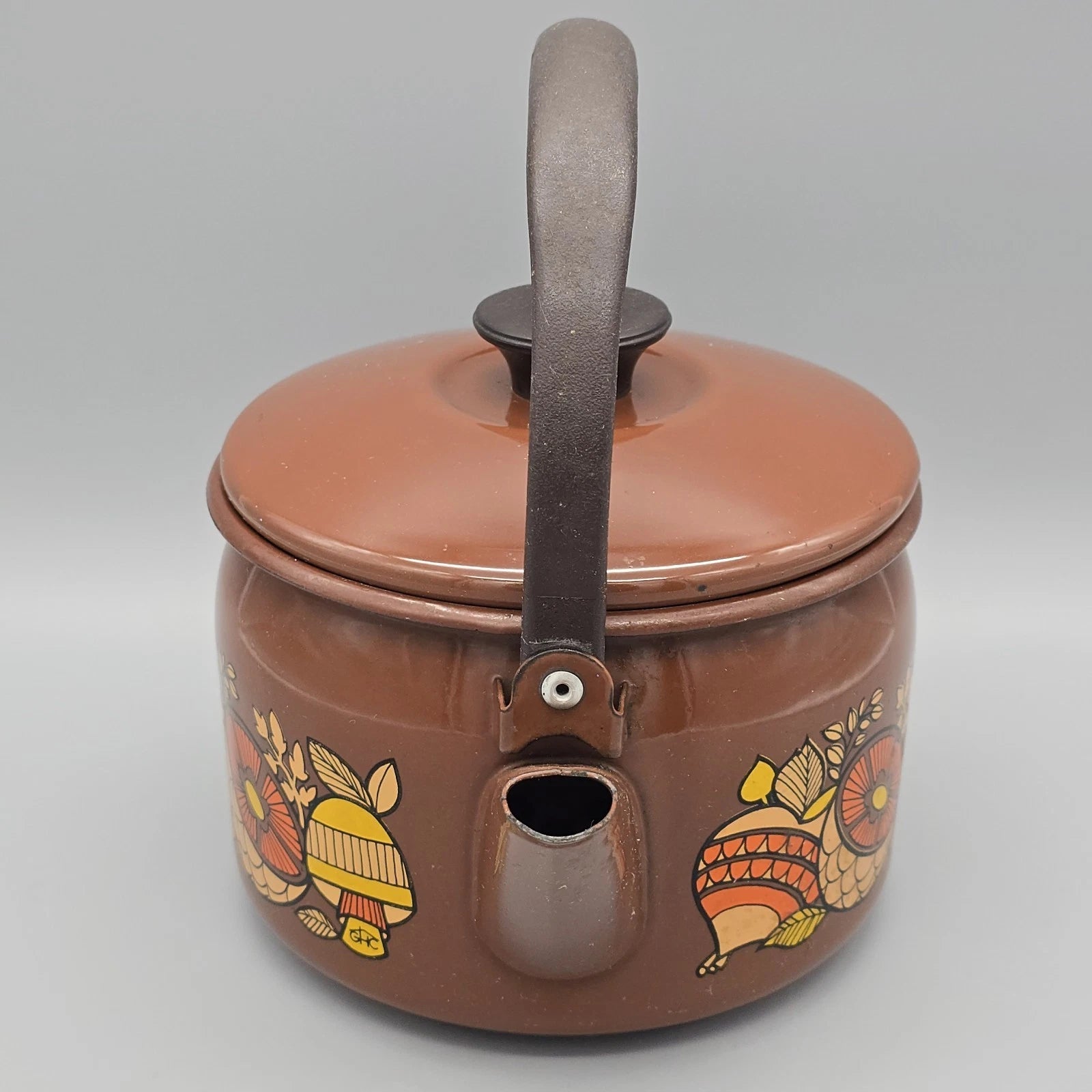 Vintage 70's Mushroom & Fruit Enamelware Brown Tea Kettle With Lid & Handle
