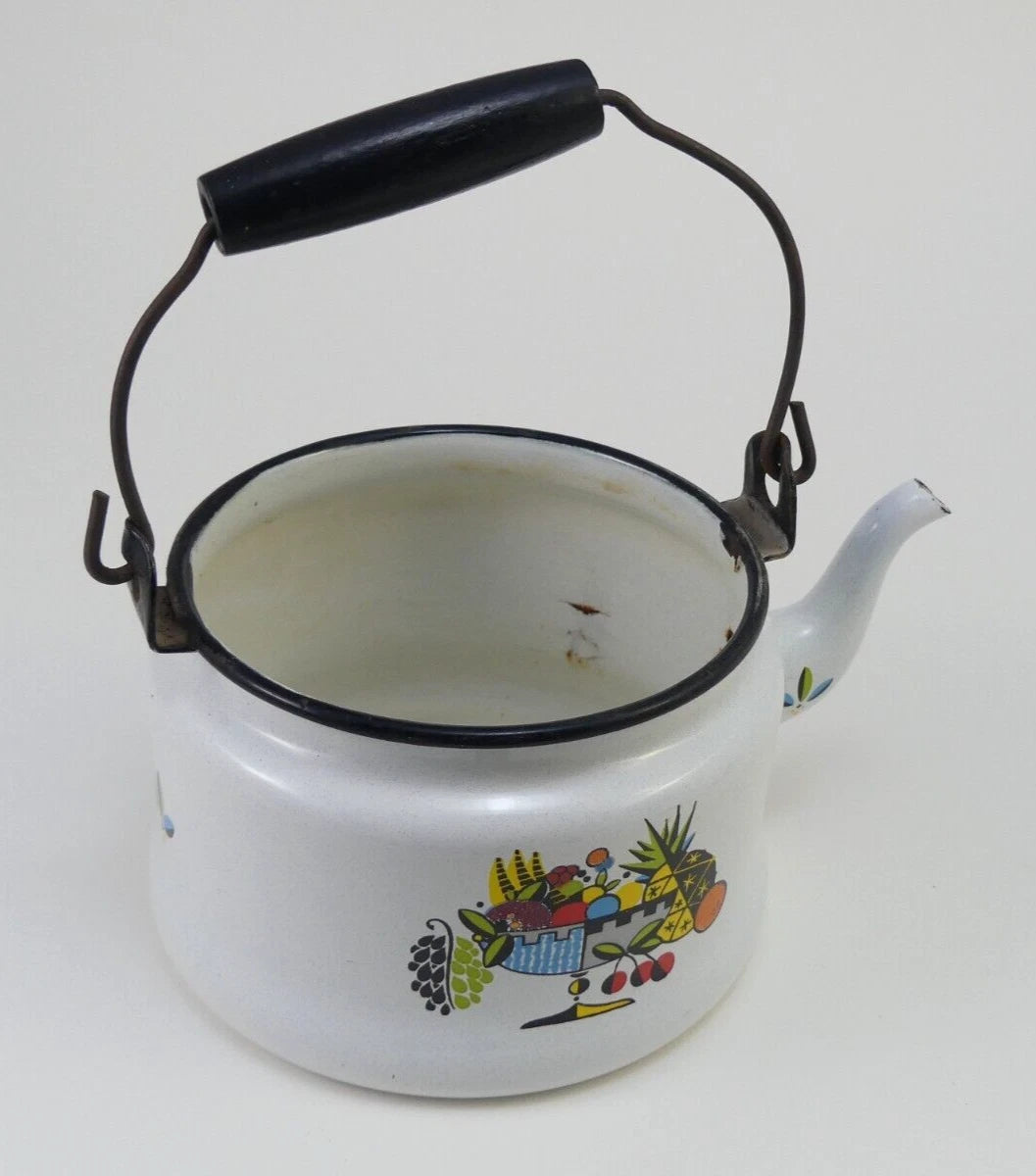 Vintage White Enamelware Metal Teapot / Tea Kettle with Retro Fruit Bowl Design