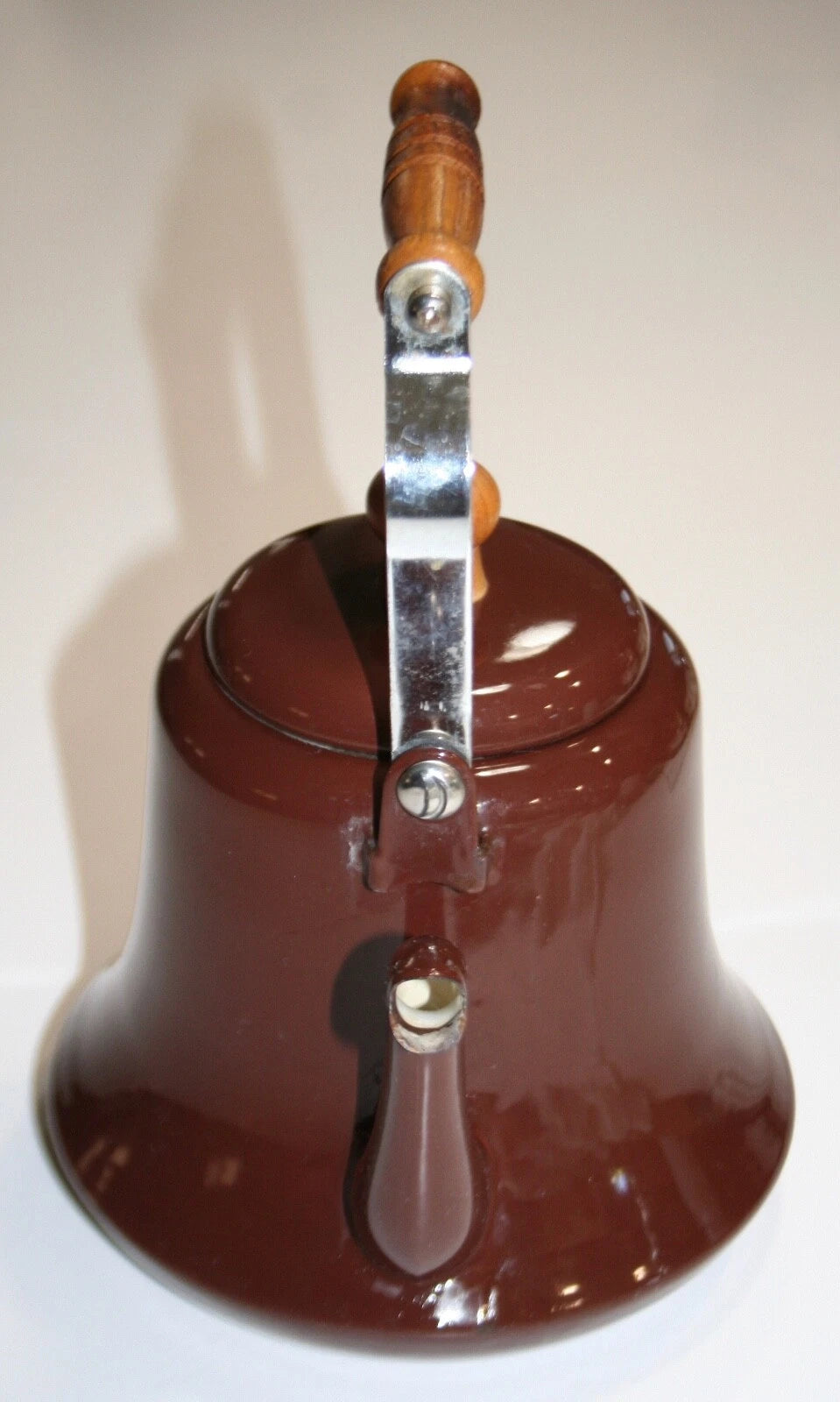 Vintage Enamel Metal Tea Pot with Wooden Handles Chocolate Brown