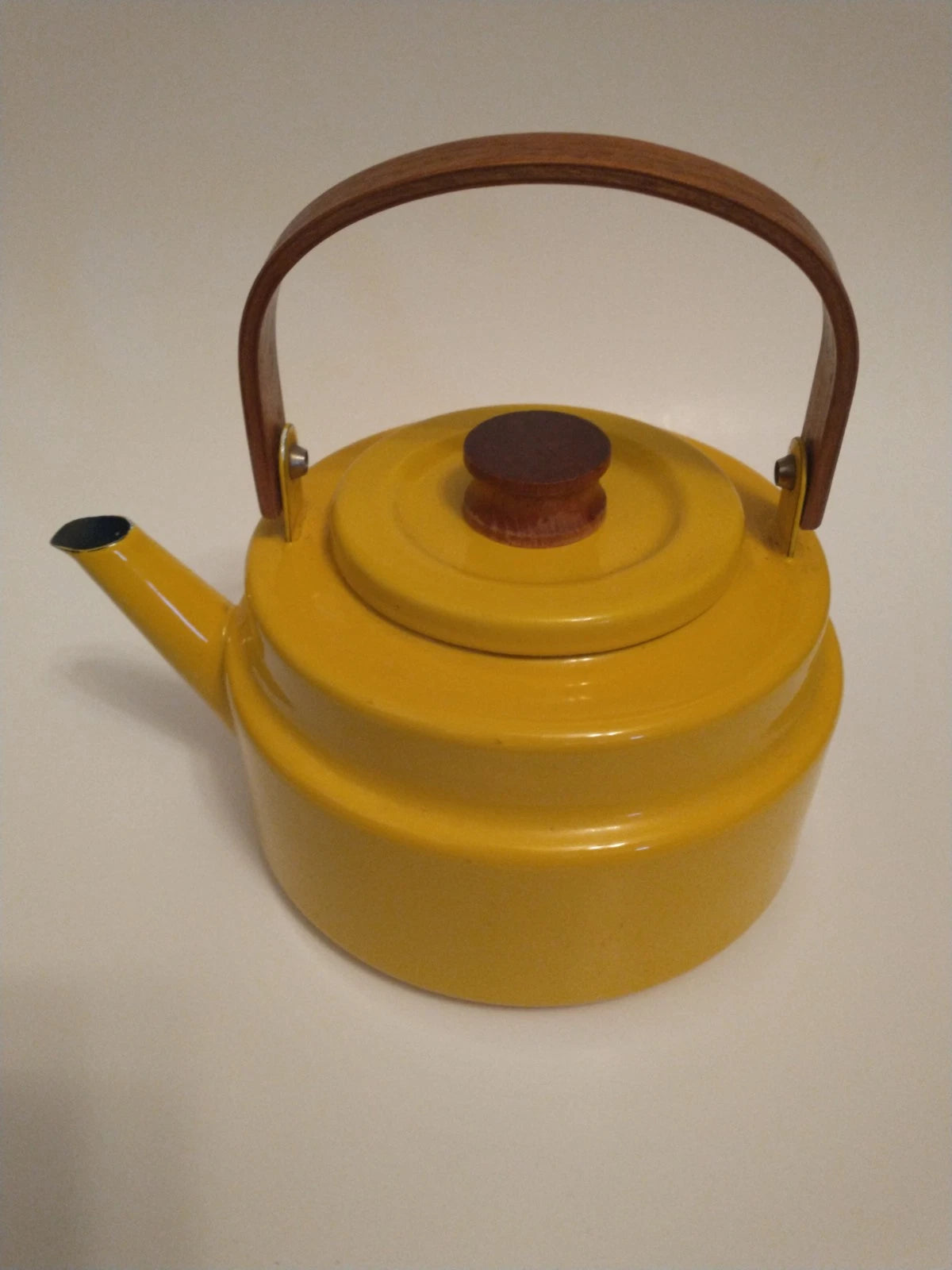 Vintage Cousances (Le Creuset) MCM Yellow Enamel Tea Kettle Teak Handle