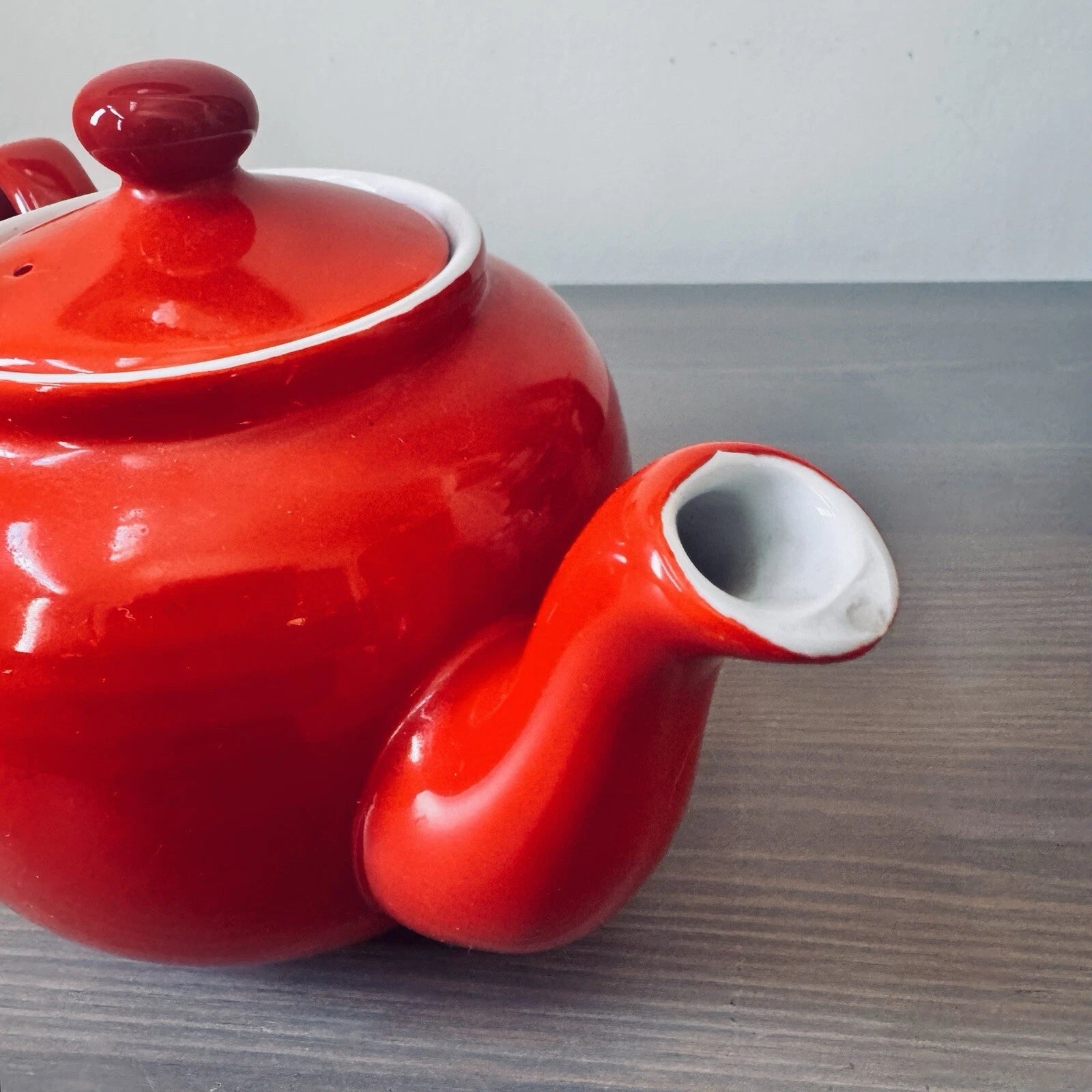 Vintage Mid Century Modern Red Glazed Pottery 3-Cup Tea Pot Enameled Interior 9”