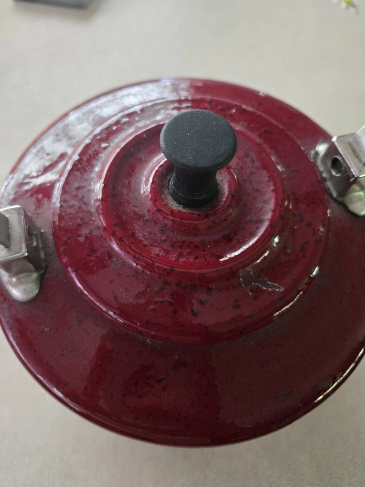 Paula Deen Speckled Tea Pot Burgundy Enamel Stove Top Tea Kettle