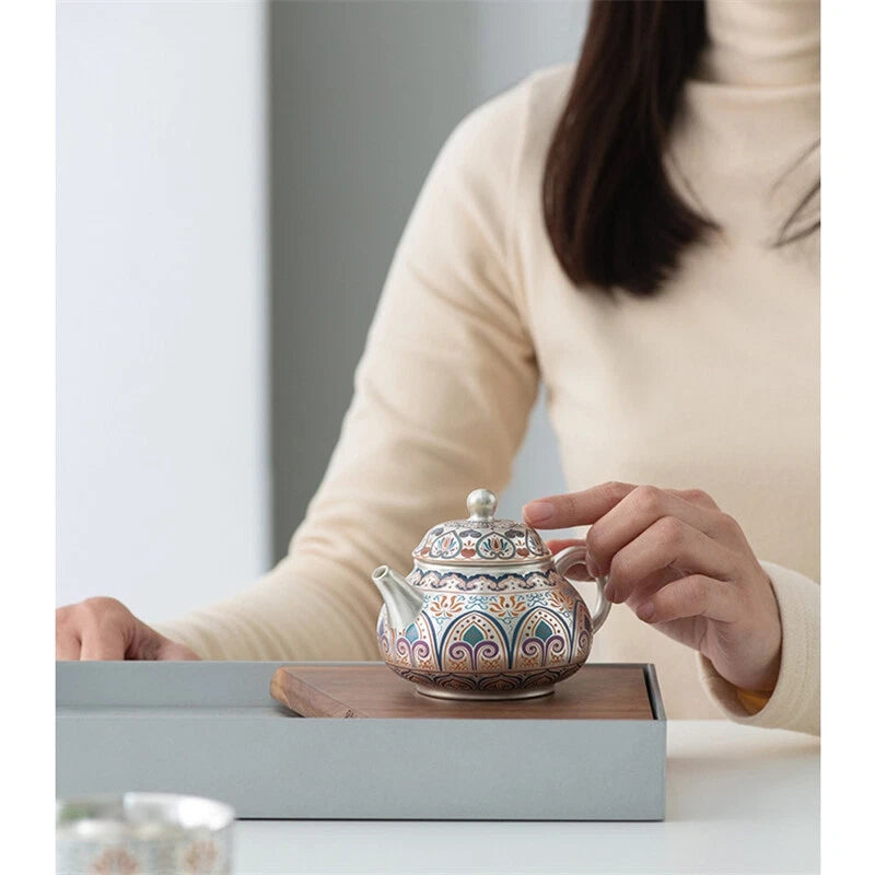 999 Silver Enamel Color Fengming Pot Ceramic Silver Teapot Kung Fu Tea Set Cups