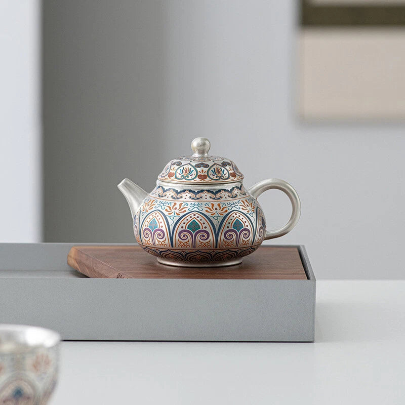999 Silver Enamel Color Fengming Pot Ceramic Silver Teapot Kung Fu Tea Set Cups
