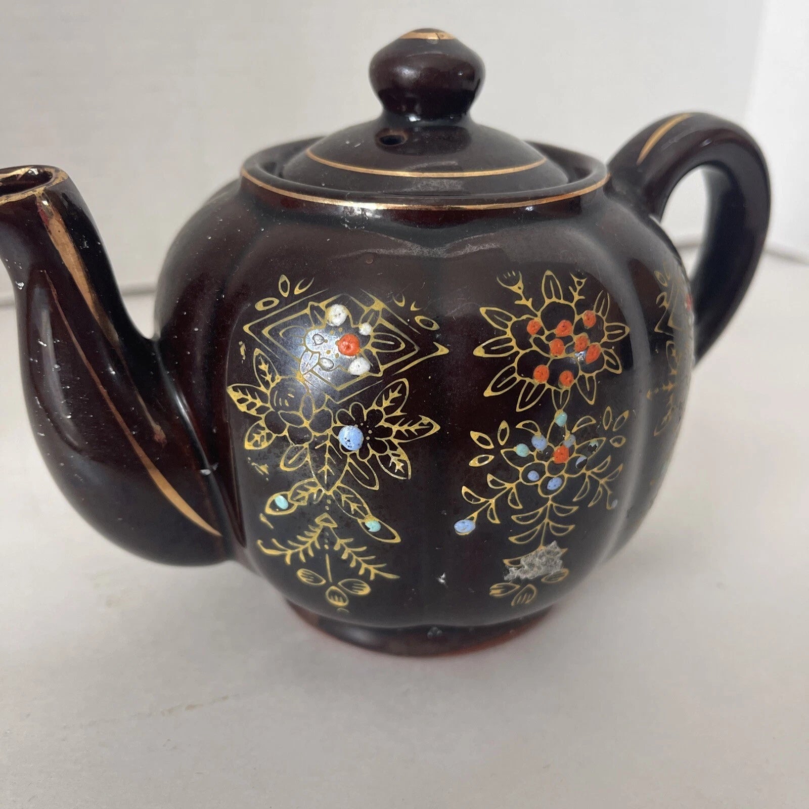 Brown Betty Redware Teapot Moriage Enamel Hand-Painted Mini Japan Vintage 4.5”