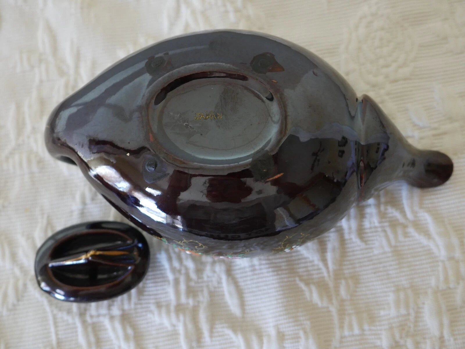 Small Long Redware Teapot Gold Trim Hand Painted Enamel Flowers Vintage Japan