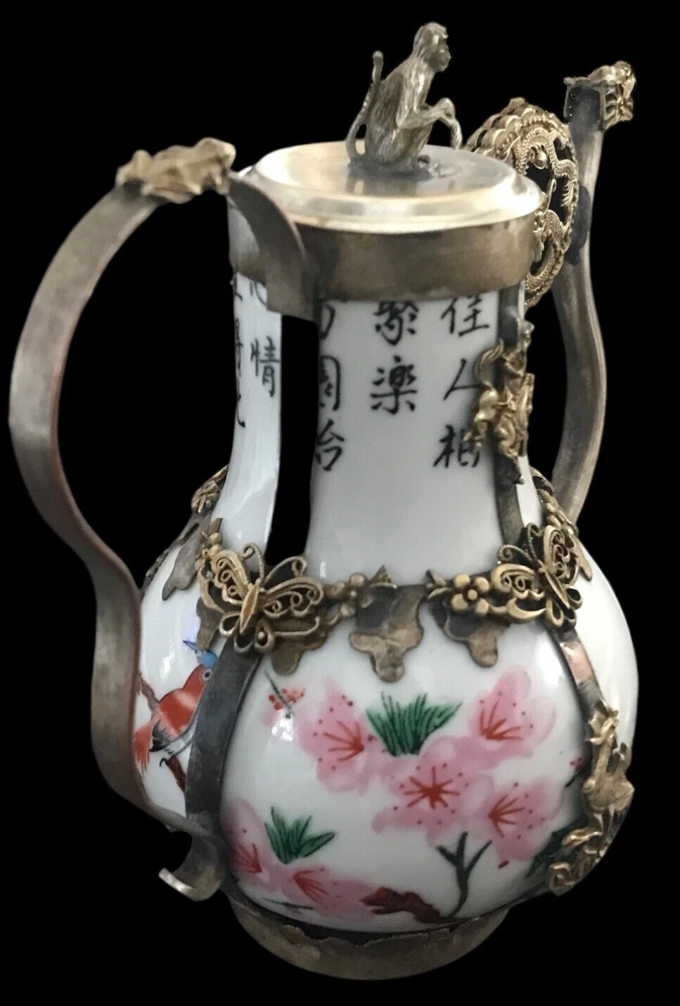 VTG Signed Miniature Chinese Porcelain~Cloisonné Enamel Tea Pot~Mix Metal~Dragon