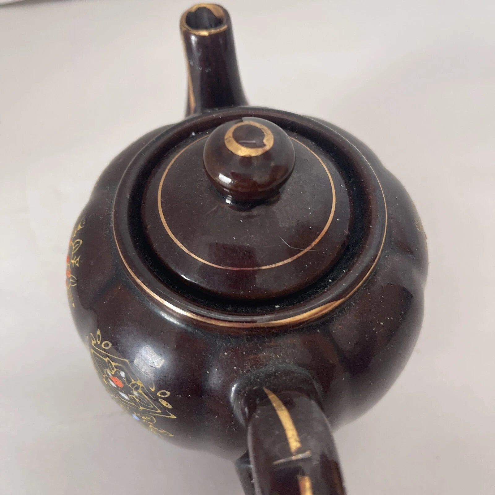 Brown Betty Redware Teapot Moriage Enamel Hand-Painted Mini Japan Vintage 4.5”