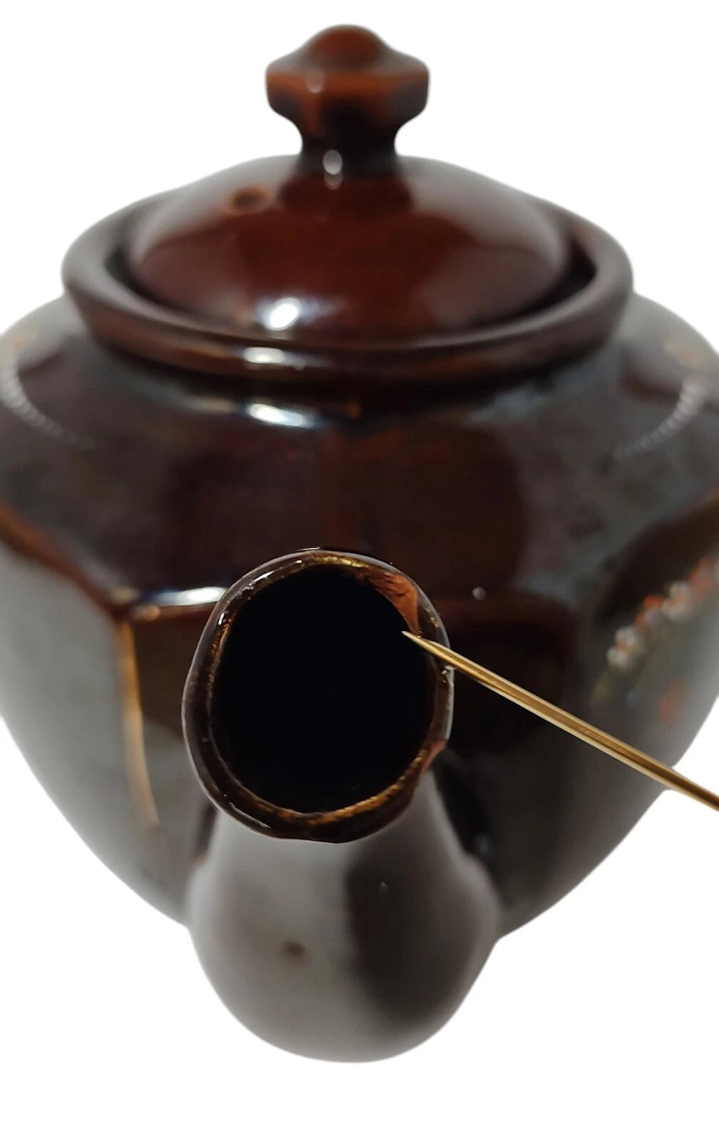 Vintage Brown Betty Redware Teapot Moriage Enamel Hand Painted Made In Japan SEE