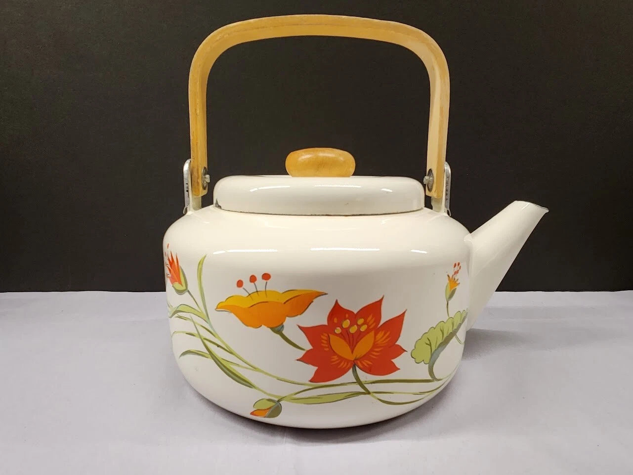Vintage Saltera Himark Enamel RARE Teapot MCM  Red Orange Floral Wooden Handle