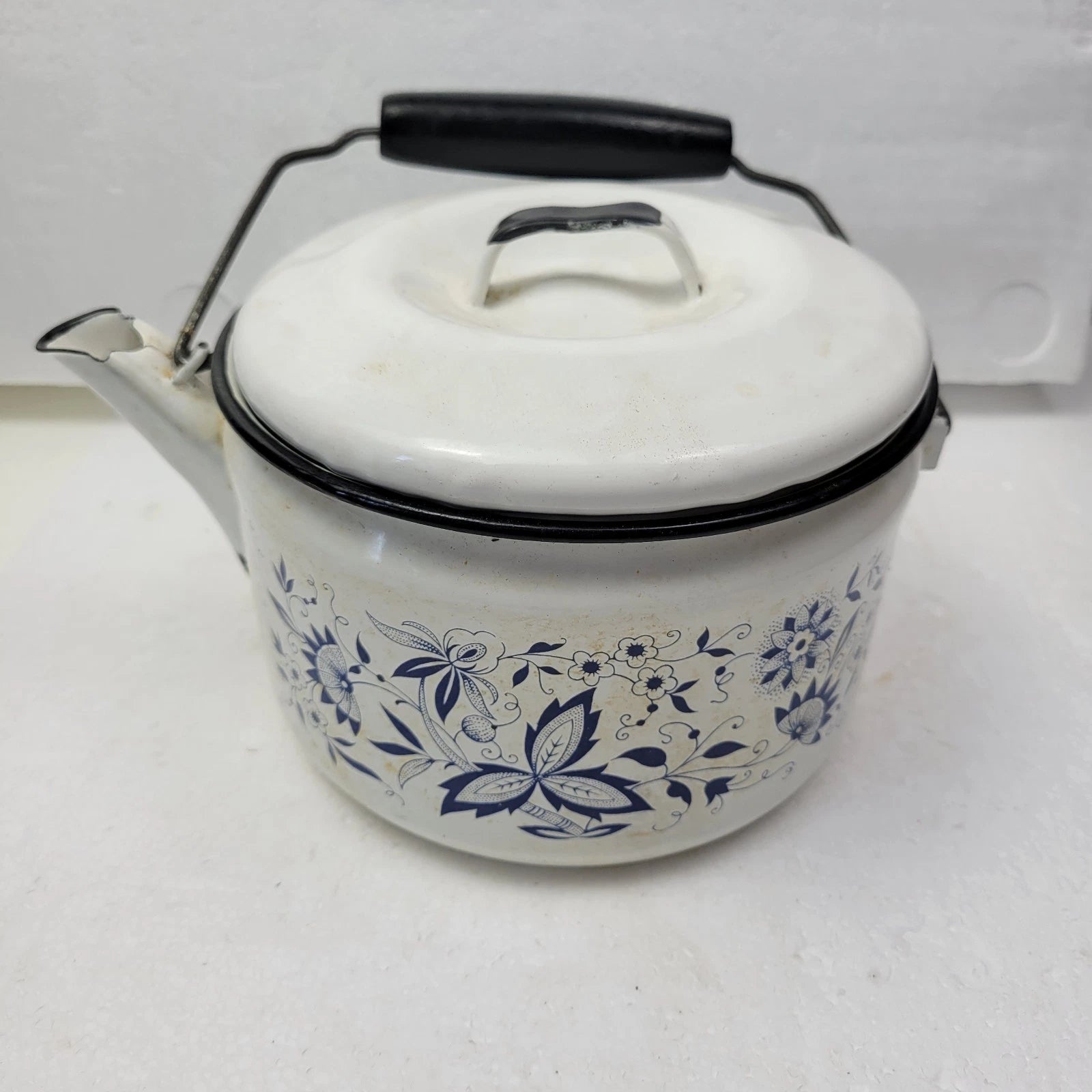 Vintage Blue Onion Danube Style Enamel Teapot Metal Bail Wood Handle
