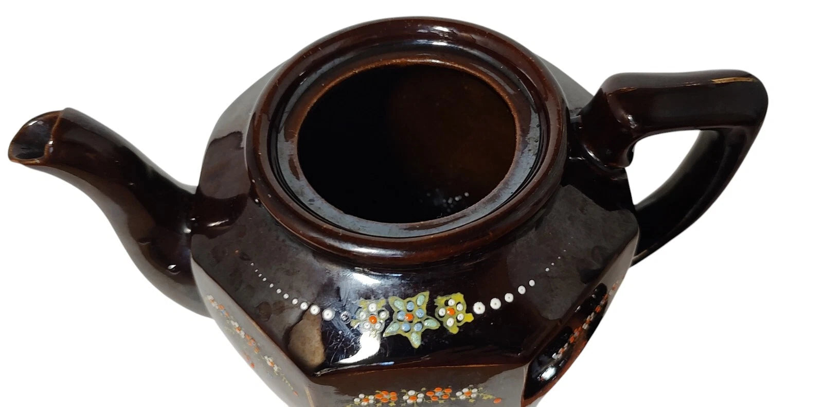 Vintage Brown Betty Redware Teapot Moriage Enamel Hand Painted Made In Japan SEE
