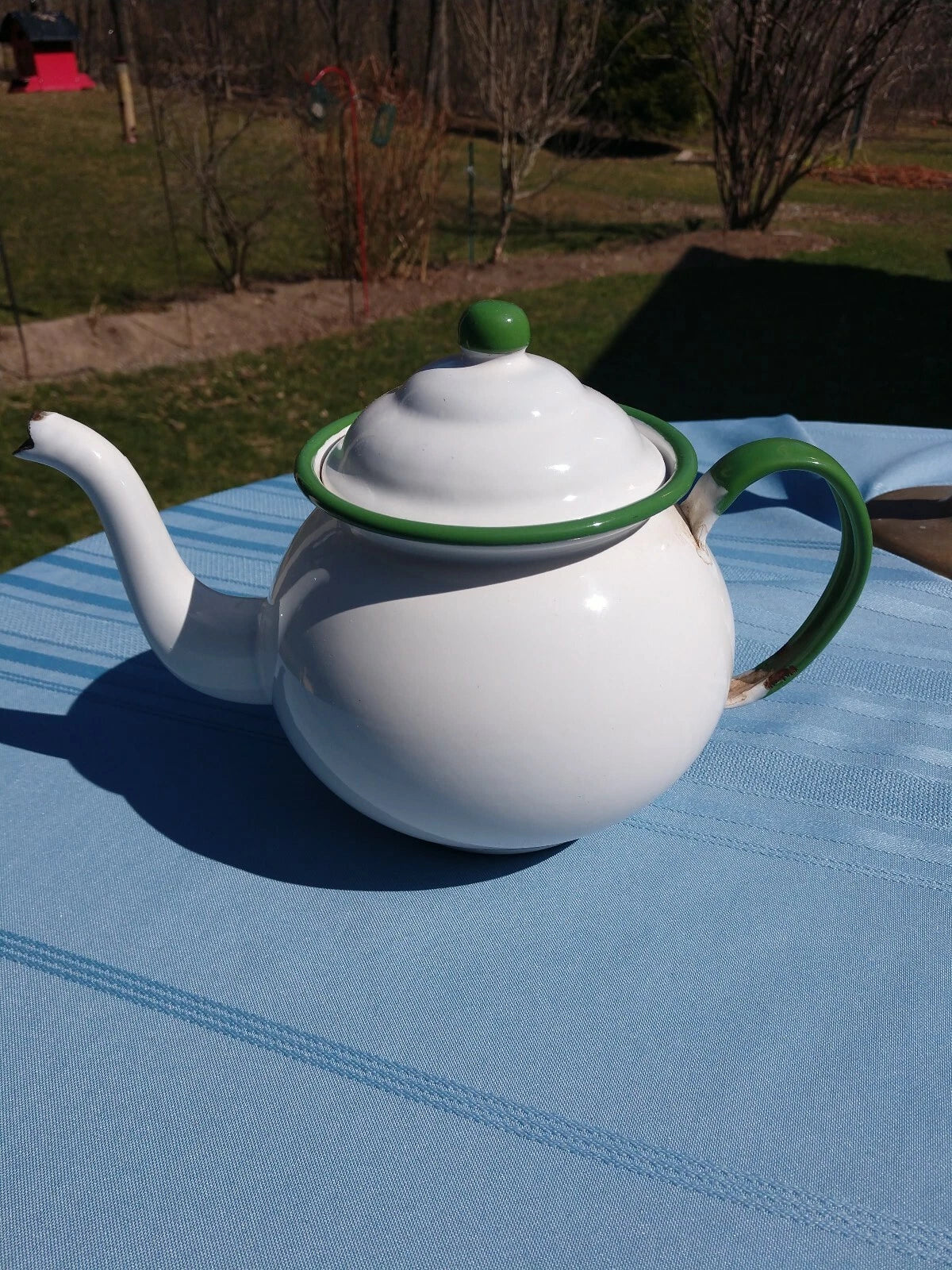 Retro Enamel Teapot With Green Trim