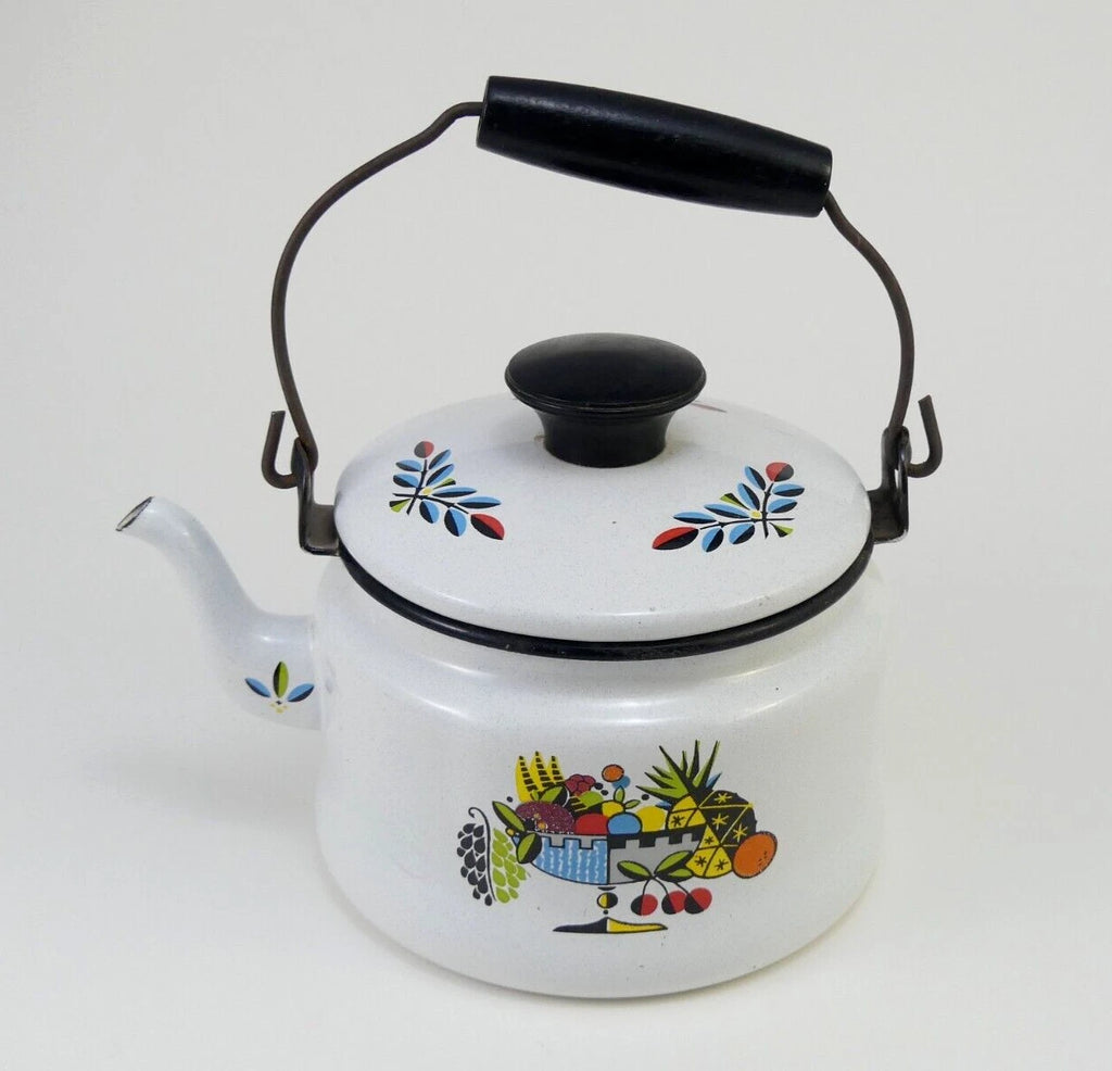Vintage White Enamelware Metal Teapot / Tea Kettle with Retro Fruit Bowl Design