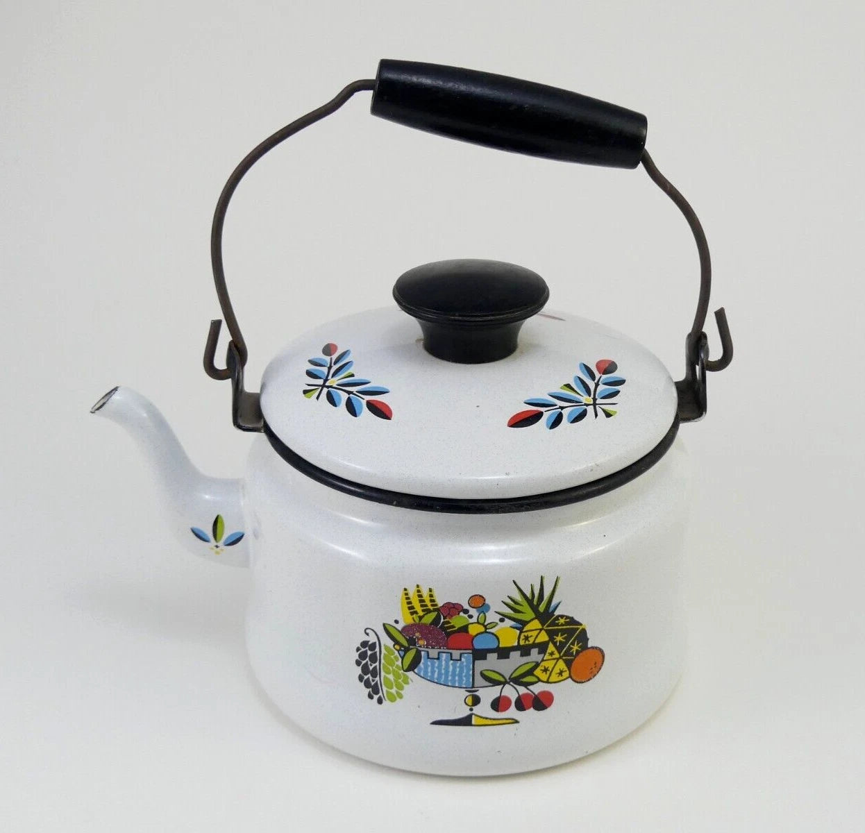 Vintage White Enamelware Metal Teapot / Tea Kettle with Retro Fruit Bowl Design