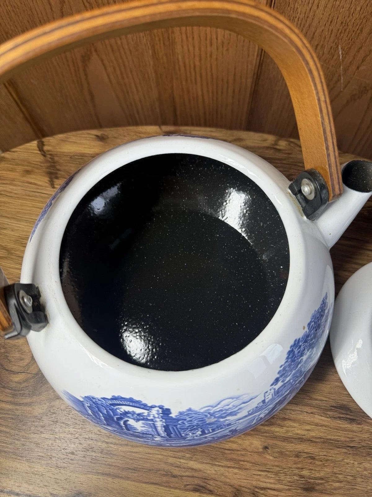Staffordshire Tea Pot Kettle Enamelware Blue And White Castle Cows Wood Handle