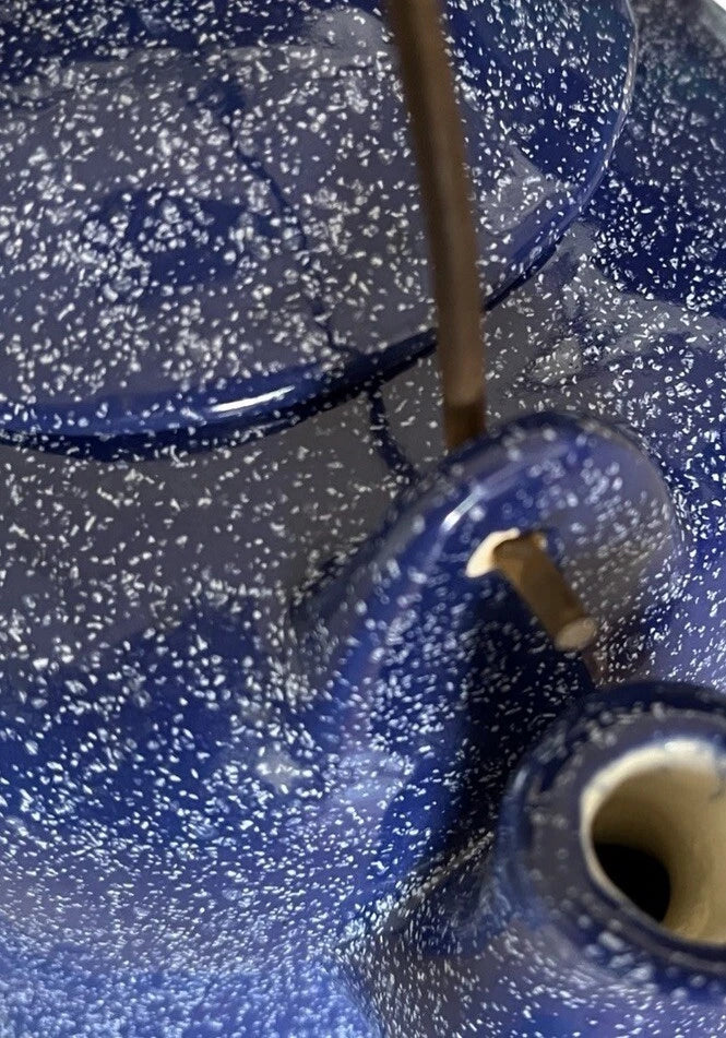 Vintage  Blue Spatterware Teapot Enamel Ceramic Metal Handle 5 1/2”x 6 1/4 Dia.