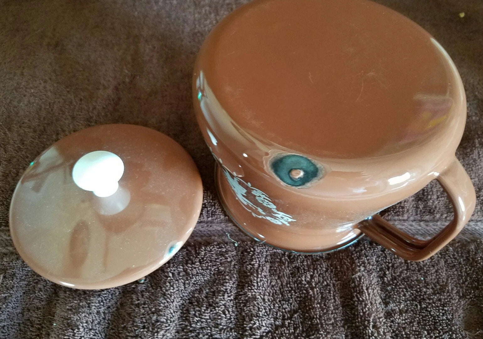 Vintage Enamelware Teapot Kettle;Coffee Brown & White