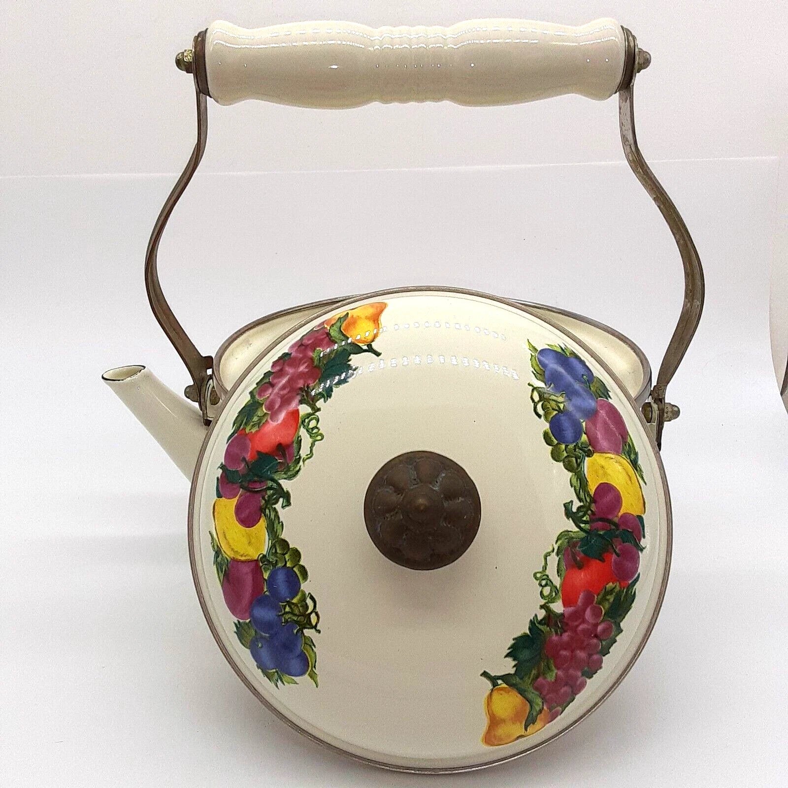 Vintage Water Kettle Tea Pot Enamel Fruit Cottagecore Chic Country Farm House