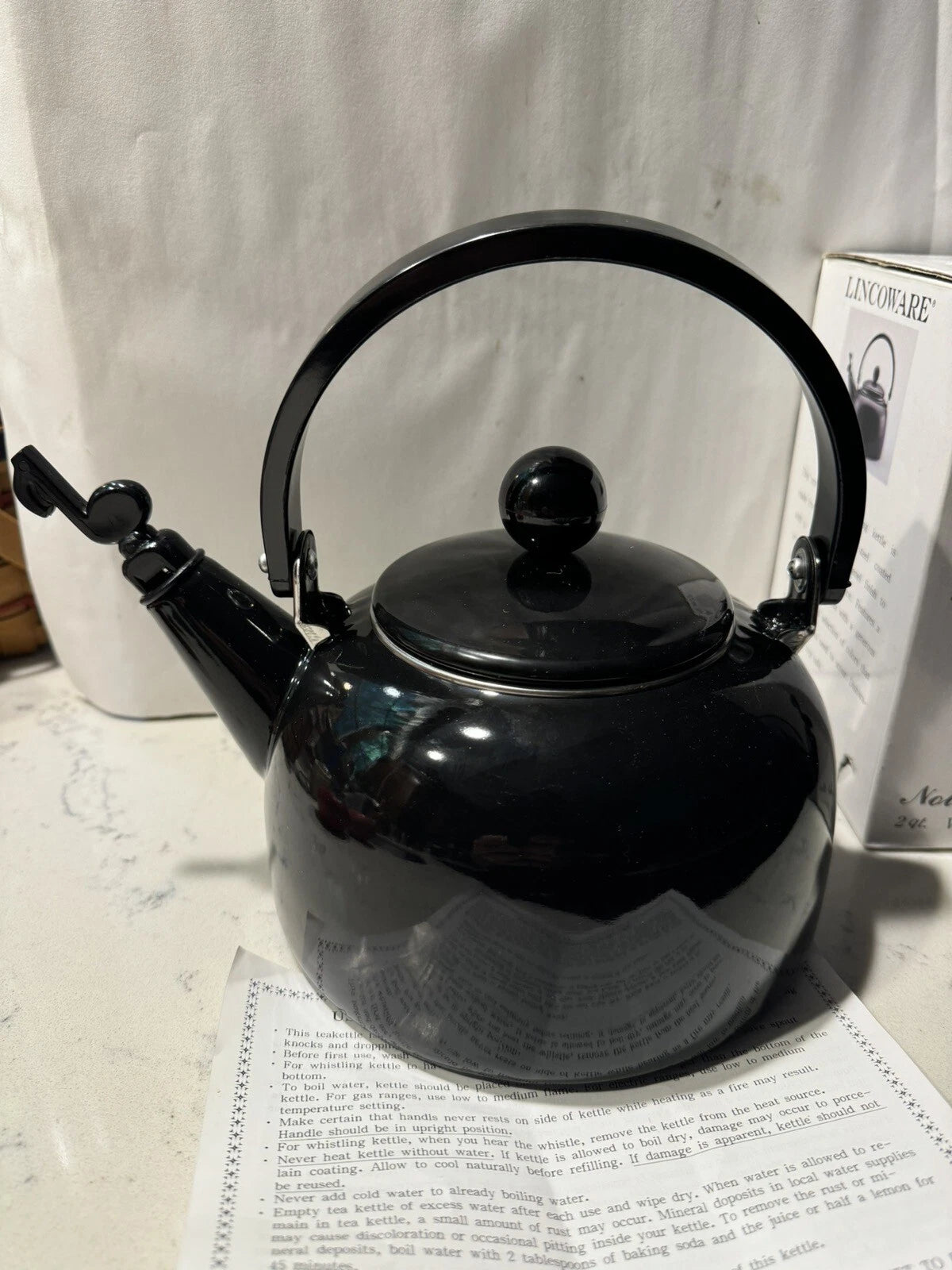 Lincoware Tea Kettle Black Enamel Whistling Teapot Vintage Kitchen