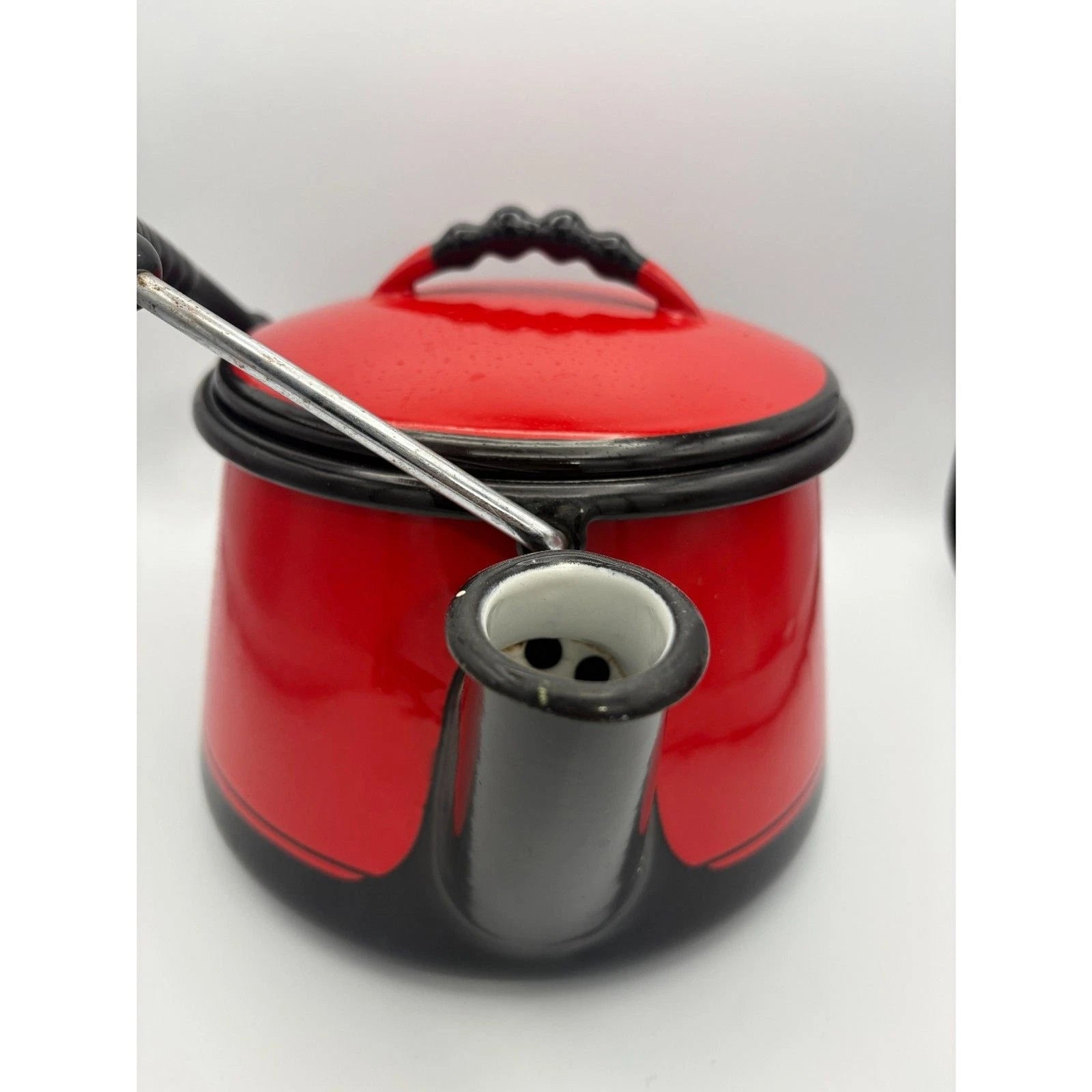 Vintage Kook King Ware Enamelware Tea Kettle Deep Red and Black Vollrath