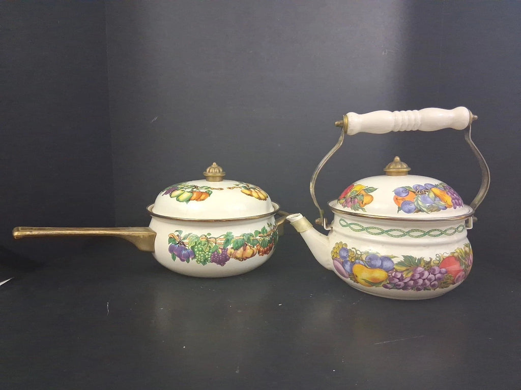 Vtg Lot Enamel Cookware Pots Tabletops Unlimited Cornucopia Teapot Brass Handles