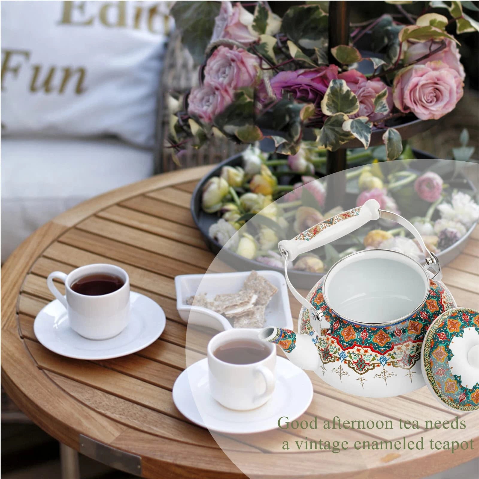Ceramic Enamel Tea Kettle 2.6 Quart Large Floral Colorful Teapot With Handle For