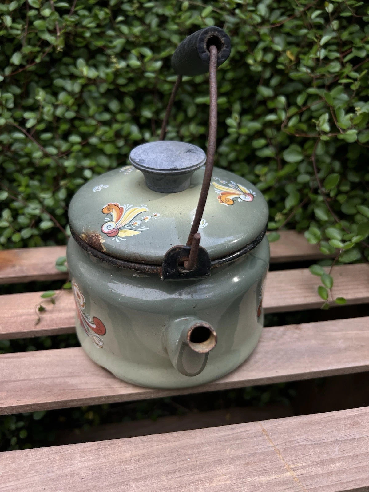 VTG Berggren Enamelware Kettle Teapot Scandinavian Rosemaling Folk Art Green